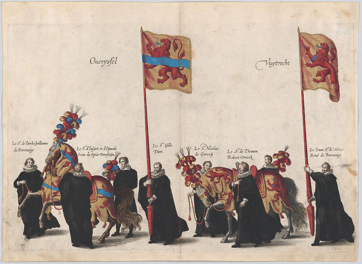 Plate 32: Men with heraldic flags and horses from Overijssel and Utrecht marching in the funeral procession of Archduke Albert of Austria; from 'Pompa Funebris ... Alberti Pii', Cornelis Galle I (Netherlandish, Antwerp 1576–1650 Antwerp), Etching with hand coloring 