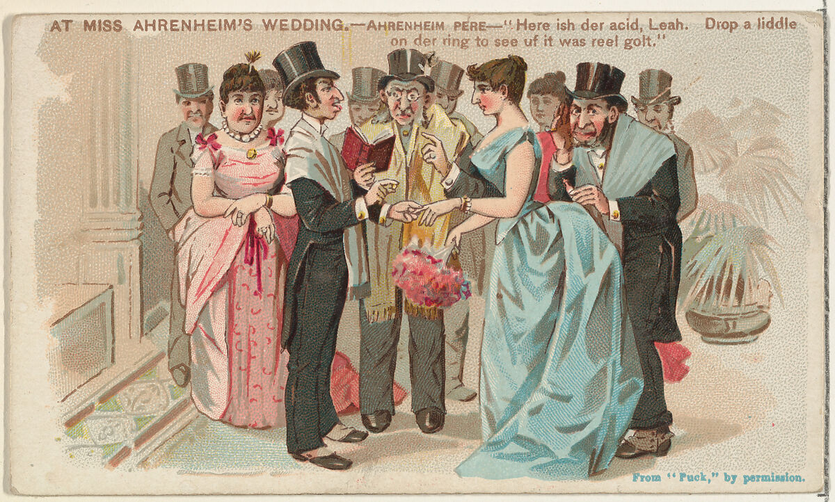 At Miss Ahrenheim's Wedding, from the Snapshots from "Puck" series (N128) issued by Duke Sons & Co. to promote Honest Long Cut Tobacco, Issued by W. Duke, Sons &amp; Co. (New York and Durham, N.C.), Commercial color lithograph 