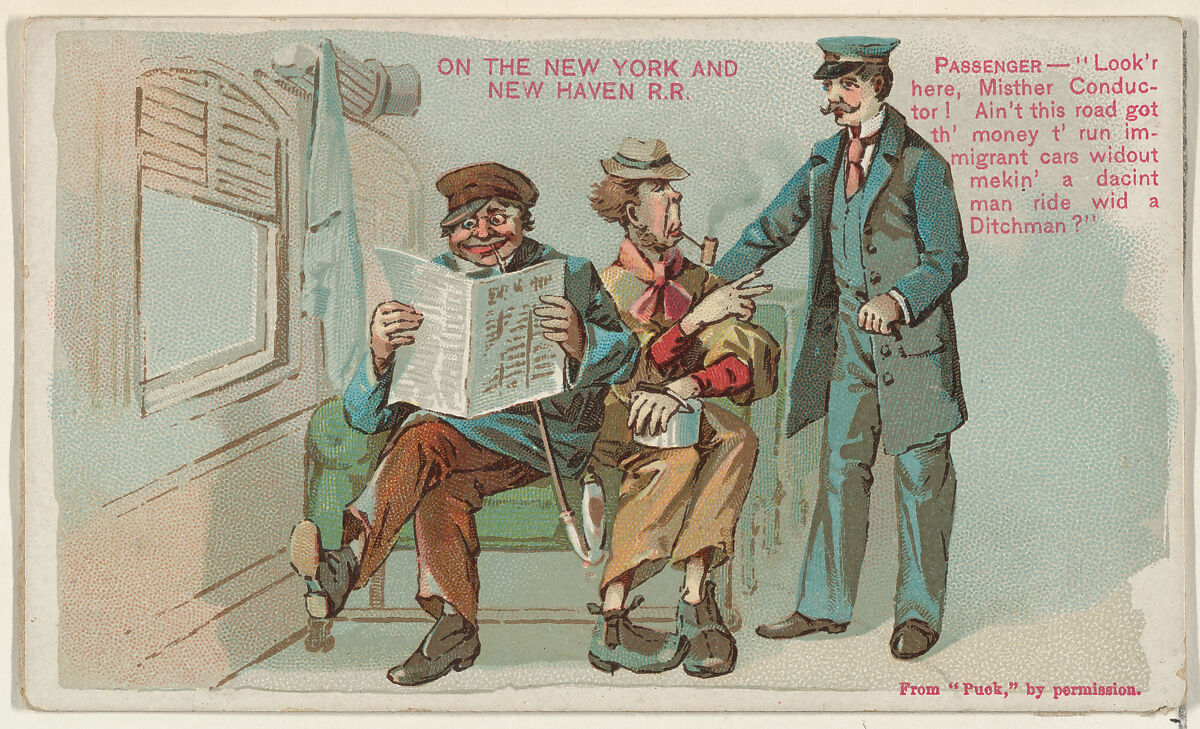 On the New York and New Haven Railroad, from the Snapshots from "Puck" series (N128) issued by Duke Sons & Co. to promote Honest Long Cut Tobacco, Issued by W. Duke, Sons &amp; Co. (New York and Durham, N.C.), Commercial color lithograph 