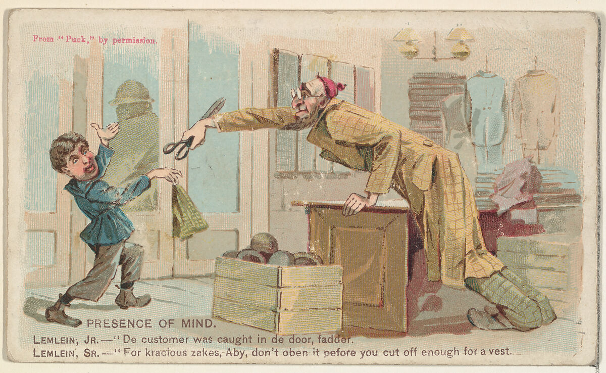 Presence of Mind, from the Snapshots from "Puck" series (N128) issued by Duke Sons & Co. to promote Honest Long Cut Tobacco, Issued by W. Duke, Sons &amp; Co. (New York and Durham, N.C.), Commercial color lithograph 