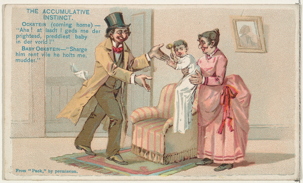 The Accumulative Instinct, from the Snapshots from "Puck" series (N128) issued by Duke Sons & Co. to promote Honest Long Cut Tobacco, Issued by W. Duke, Sons &amp; Co. (New York and Durham, N.C.), Commercial color lithograph 