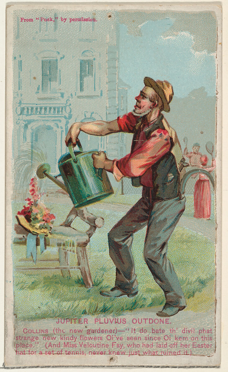 Jupiter Pluvius Outdone, from the Snapshots from "Puck" series (N128) issued by Duke Sons & Co. to promote Honest Long Cut Tobacco, Issued by W. Duke, Sons &amp; Co. (New York and Durham, N.C.), Commercial color lithograph 