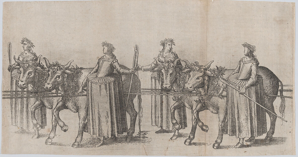 Four women walking alongside four cows; plate from 'Repraesentatio Der Fürstlichen Auffzug und Ritterspil... Herrn Johann Friderichen Hertzogen zu Württenberg und Teckh... und Fürstin Barbara Sophien ...' Stuttgart, November 6, 1609, Balthasar Küchler (German, died 1641), Etching 