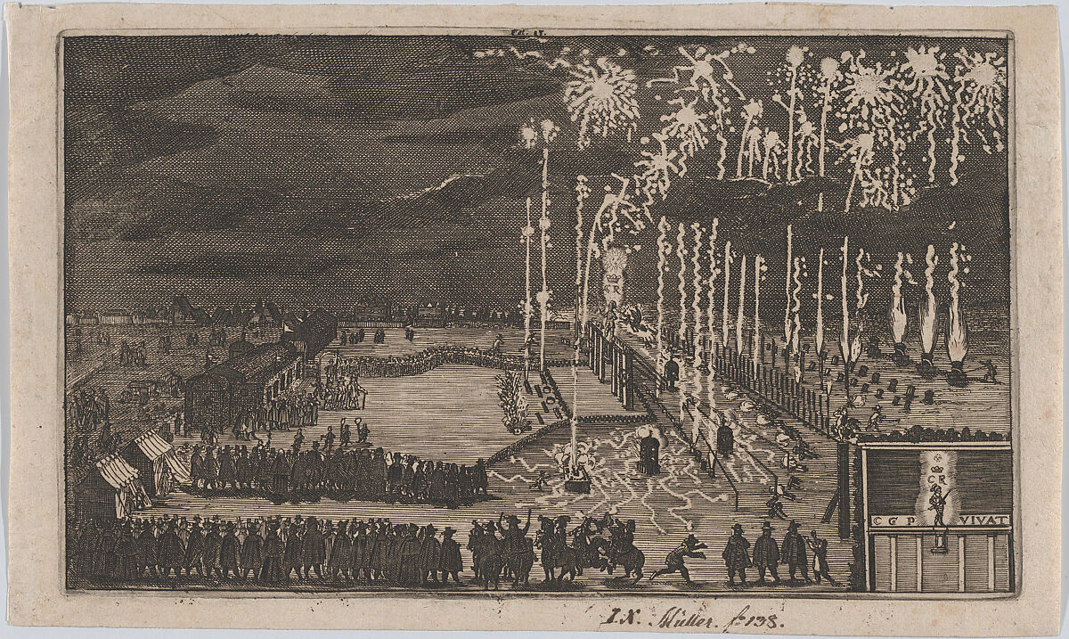 Firework display, Nuremberg 1649, reduced copy of 'Kurze Beschreibung dess kunstlichen Feuerwerkes ...', Anonymous, German, 17th century, Etching 