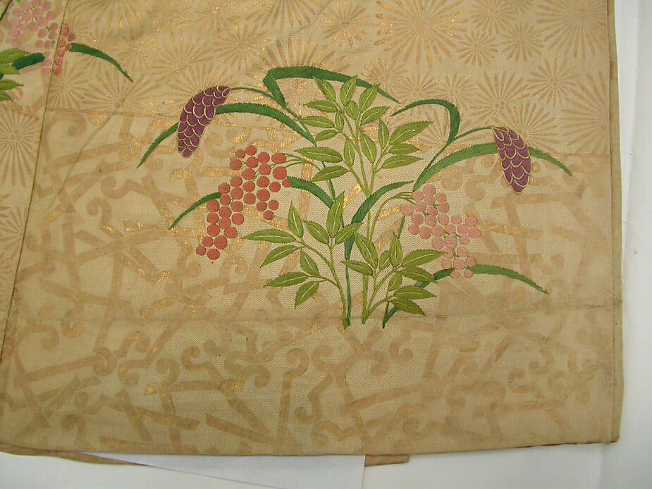 Noh Costume (Nuihaku) with Millet and Nandina Berries on a Background of Pine Branches and Zither Bridges, Silk embroidery and gold leaf on silk twill, Japan