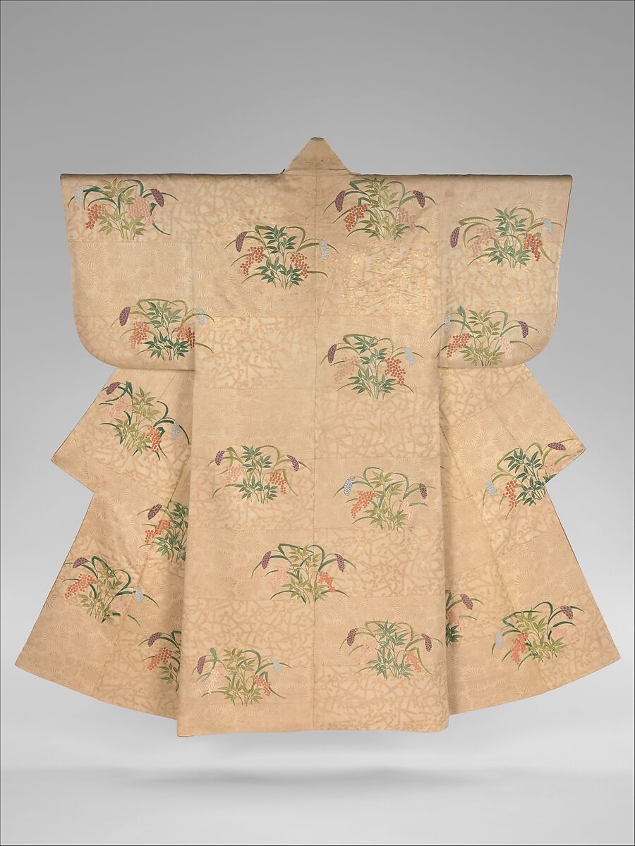 Noh Costume (Nuihaku) with Millet and Nandina Berries on a Background of Pine Branches and Zither Bridges, Silk embroidery and gold leaf on silk twill, Japan 