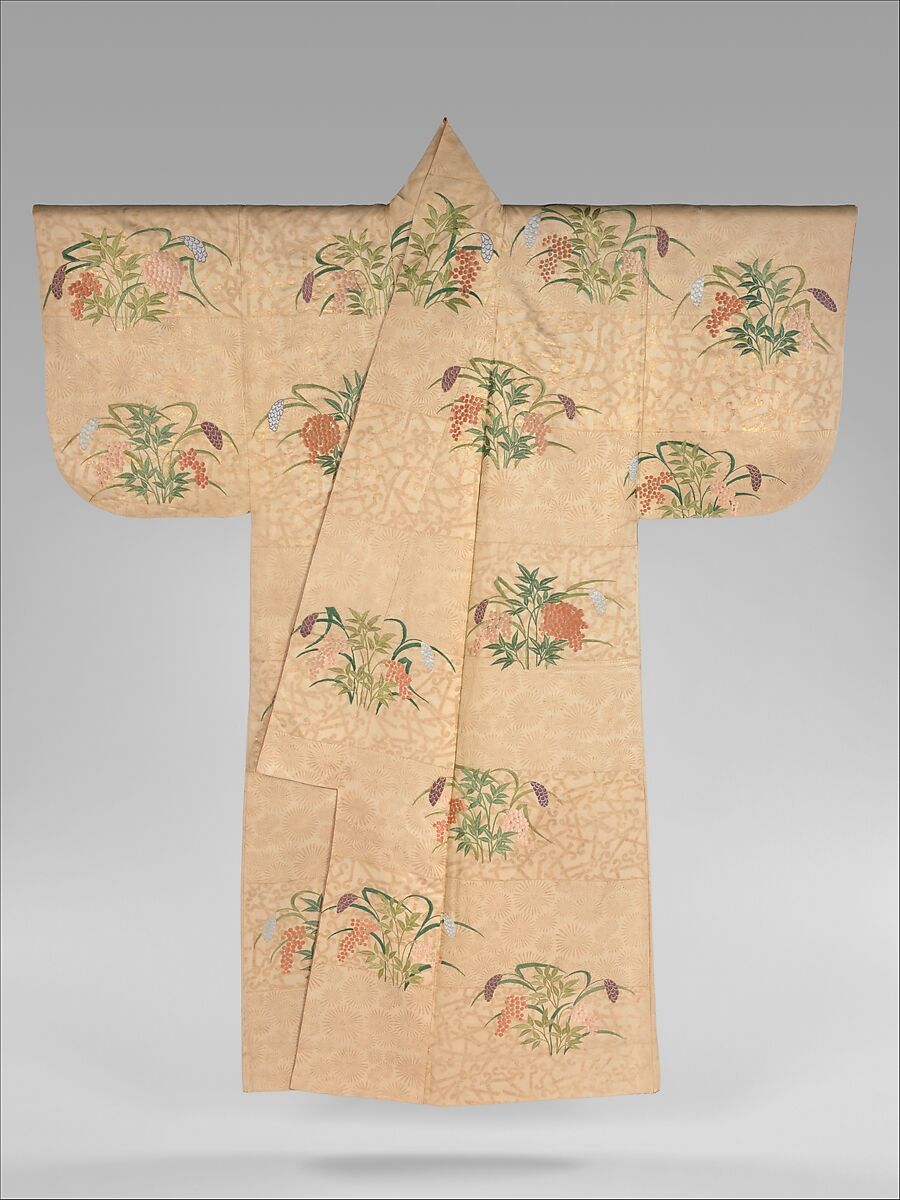 Noh Costume (Nuihaku) with Millet and Nandina Berries on a Background of Pine Branches and Zither Bridges, Silk embroidery and gold leaf on silk twill, Japan