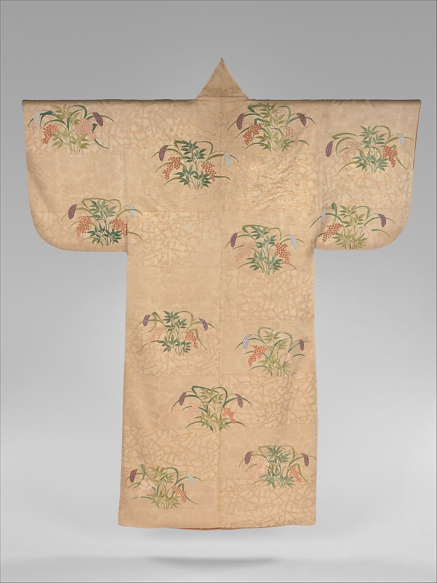 Noh Costume (Nuihaku) with Millet and Nandina Berries on a Background of Pine Branches and Zither Bridges, Silk embroidery and gold leaf on silk twill, Japan
