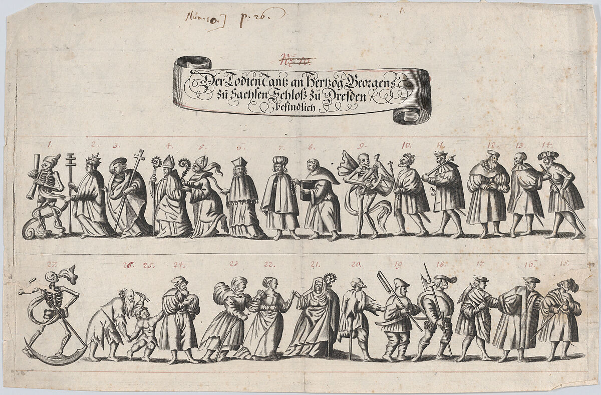 Plate from a book showing a procession of men and women with a skeleton at the beginning, middle and end of the line, Anonymous, German, 17th century, Engraving 