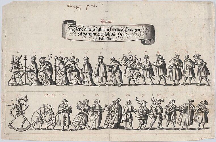 Plate from a book showing a procession of men and women with a skeleton at the beginning, middle and end of the line
