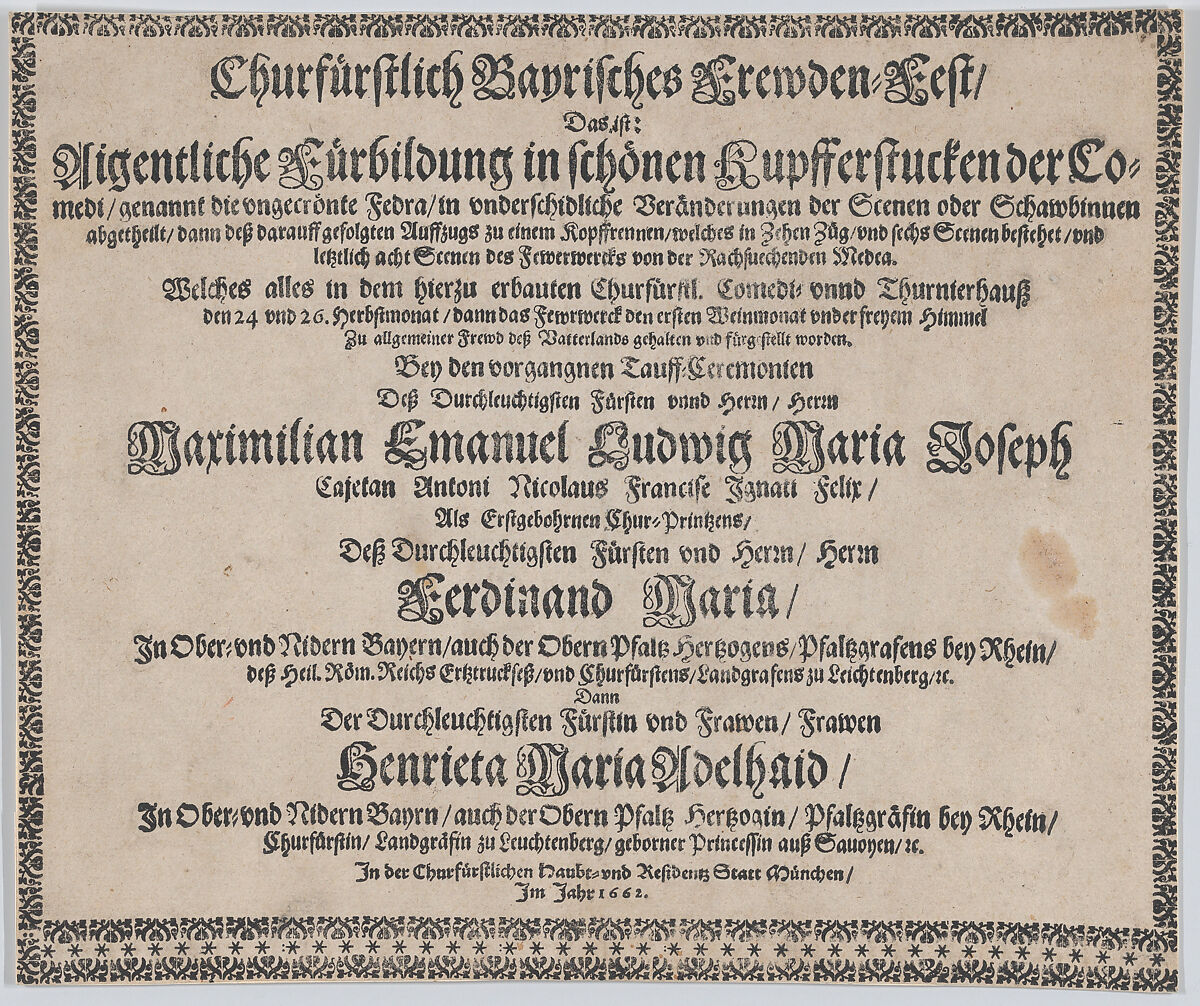 Text to accompany plate illustrating the fireworks display celebrating the birth of Prince Max Emmanuel of Bavaria, Munich, 1662, Mathäus Küsel (German, 1621–1682), Letterpress 