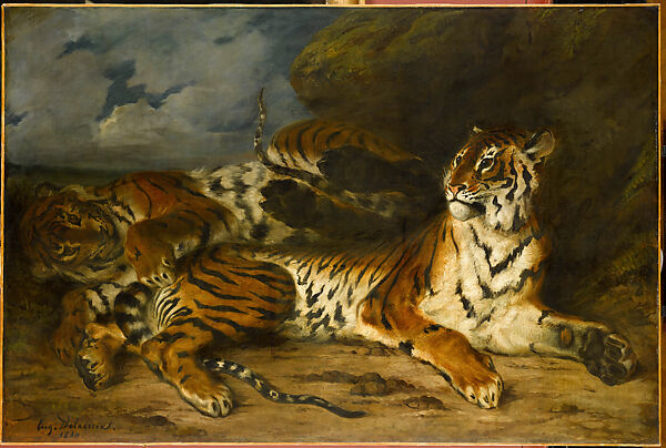 Young Tiger Playing with Its Mother (Study of Two Tigers), Eugène Delacroix (French, Charenton-Saint-Maurice 1798–1863 Paris), Oil on canvas 