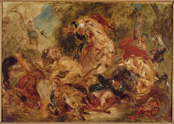 Lion Hunt, sketch, Eugène Delacroix (French, Charenton-Saint-Maurice 1798–1863 Paris), Oil on canvas 