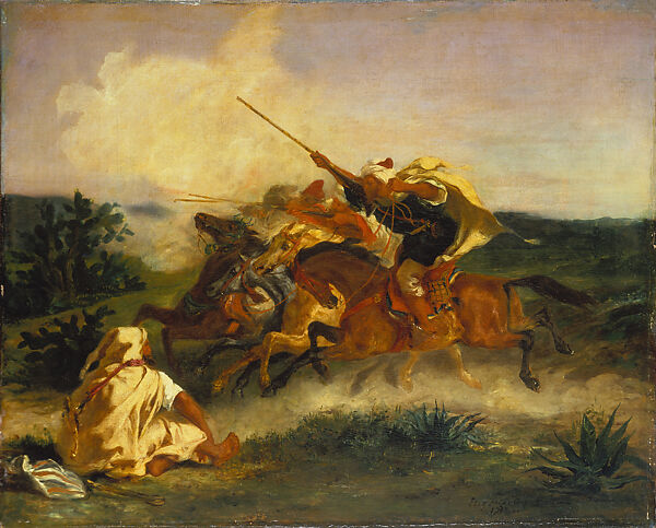 Arab Cavalry Practicing a Charge (Fantaisie Arabe), Eugène Delacroix (French, Charenton-Saint-Maurice 1798–1863 Paris), Oil on canvas 