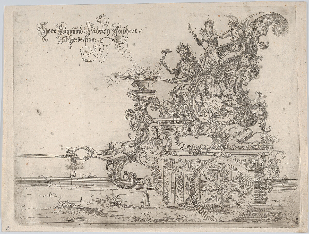 Procession, with a male and two female figures seated on a float, Anonymous, German, 16th century, Etching 