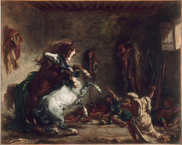 Arab Horses Fighting in a Stable, Eugène Delacroix (French, Charenton-Saint-Maurice 1798–1863 Paris), Oil on canvas 
