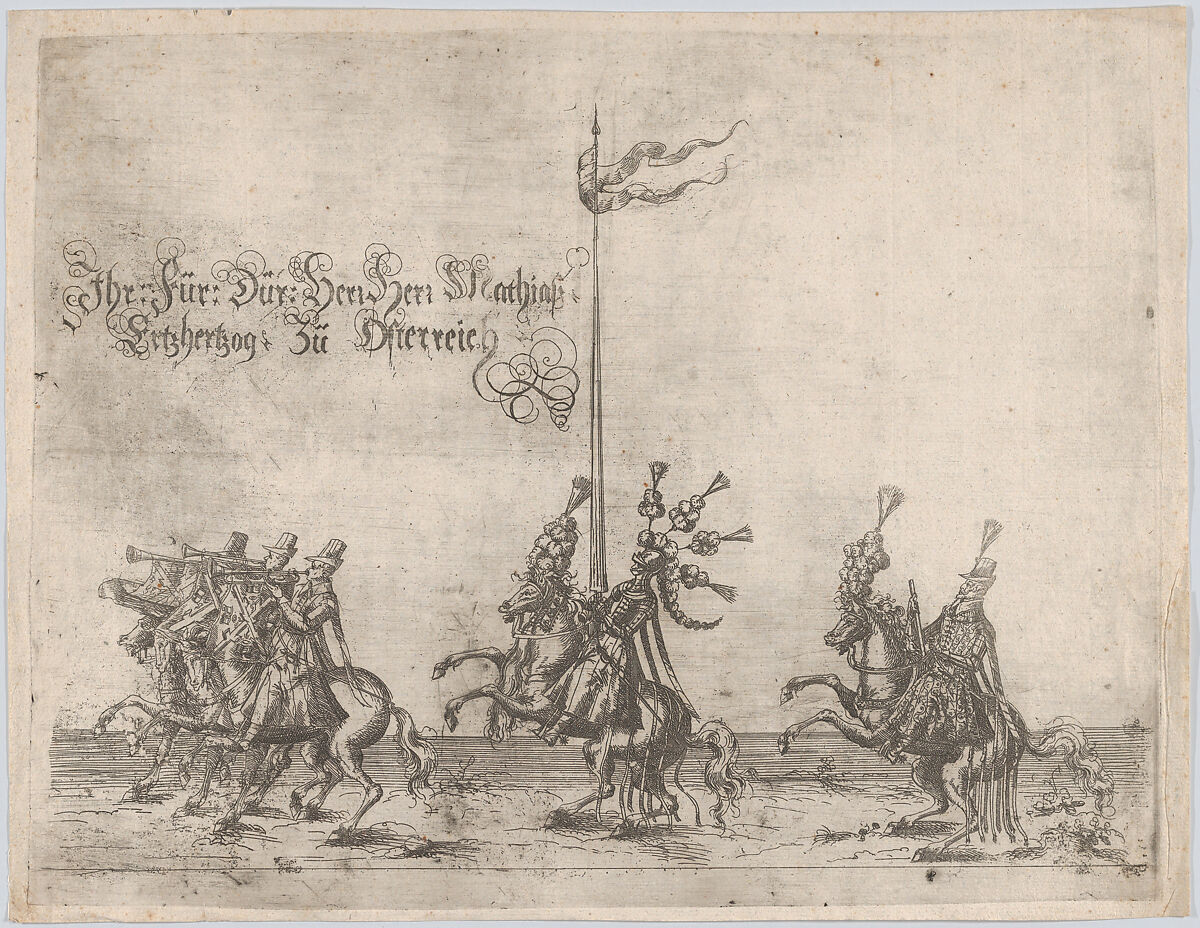 Procession, with men riding horses; three men playing trumpets at front, a knight at center, and a gentleman at the rear, Anonymous, German, 16th century, Etching 