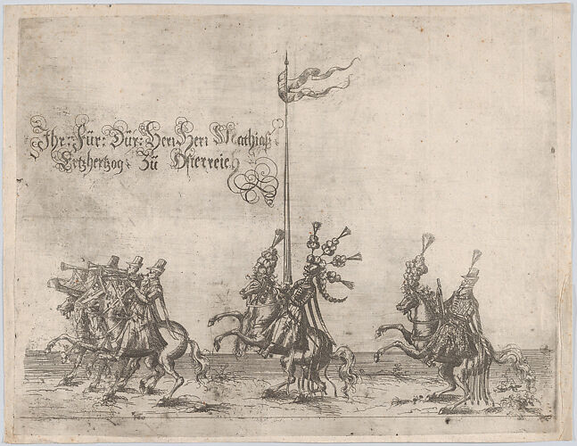 Procession, with men riding horses; three men playing trumpets at front, a knight at center, and a gentleman at the rear