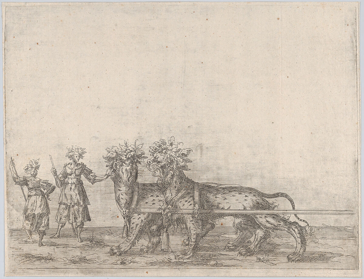 Procession, with two figures and two lions, Anonymous, German, 16th century, Etching 