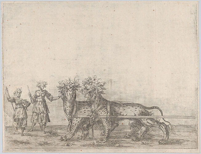 Procession, with two figures and two lions
