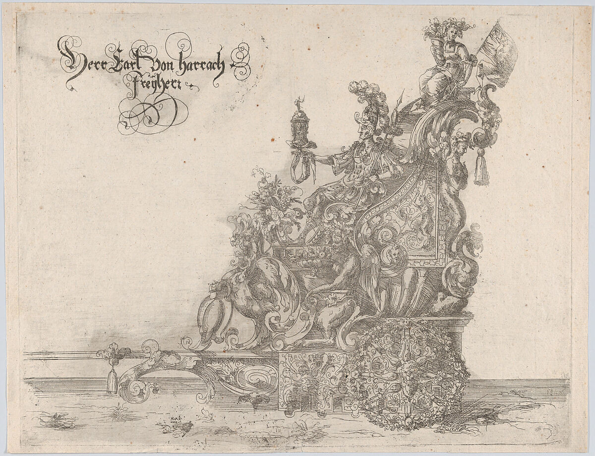 Procession, with a male and female figure seated on a float, Anonymous, German, 16th century, Etching 