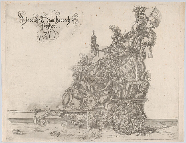 Procession, with a male and female figure seated on a float