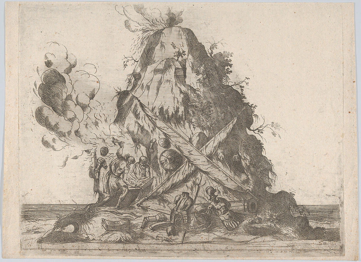 Volcano at center with blacksmiths working at left and armor on the ground around them, Anonymous, German, 16th century, Etching 