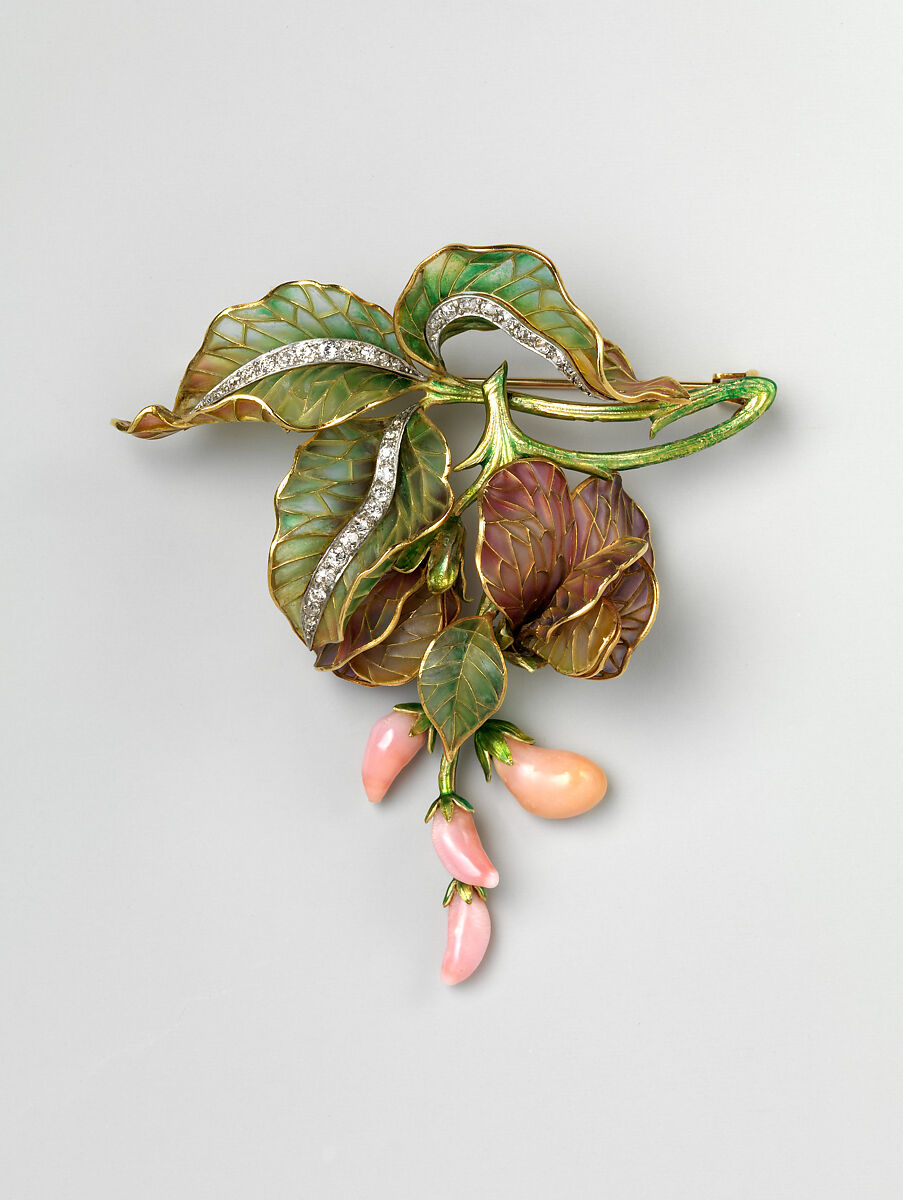 Brooch, Marcus and Co. (American, New York, 1892–1942), Plique-à-jour enamel, conch pearl, diamond, platinum and eighteen karat gold, American 