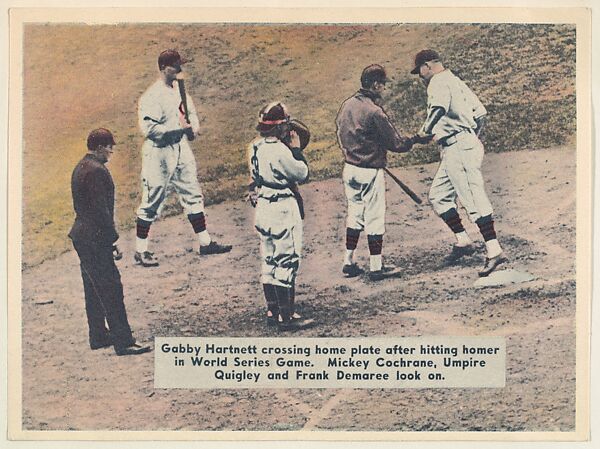 Gabby Hartnett crossing home plate after hitting homer in World Series Game.., from the Colored Photos Premiums series (R312) issued by the National Chicle Gum Company, Issued by the National Chicle Gum Company, Cambridge, Massachusetts, Photolithograph 