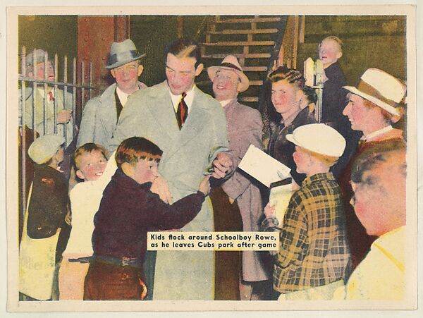 Kids flock around Schoolboy Rowe, as he leaves Cubs park after game, from the Colored Photos Premiums series (R312) issued by the National Chicle Gum Company, Issued by the National Chicle Gum Company, Cambridge, Massachusetts, Photolithograph 