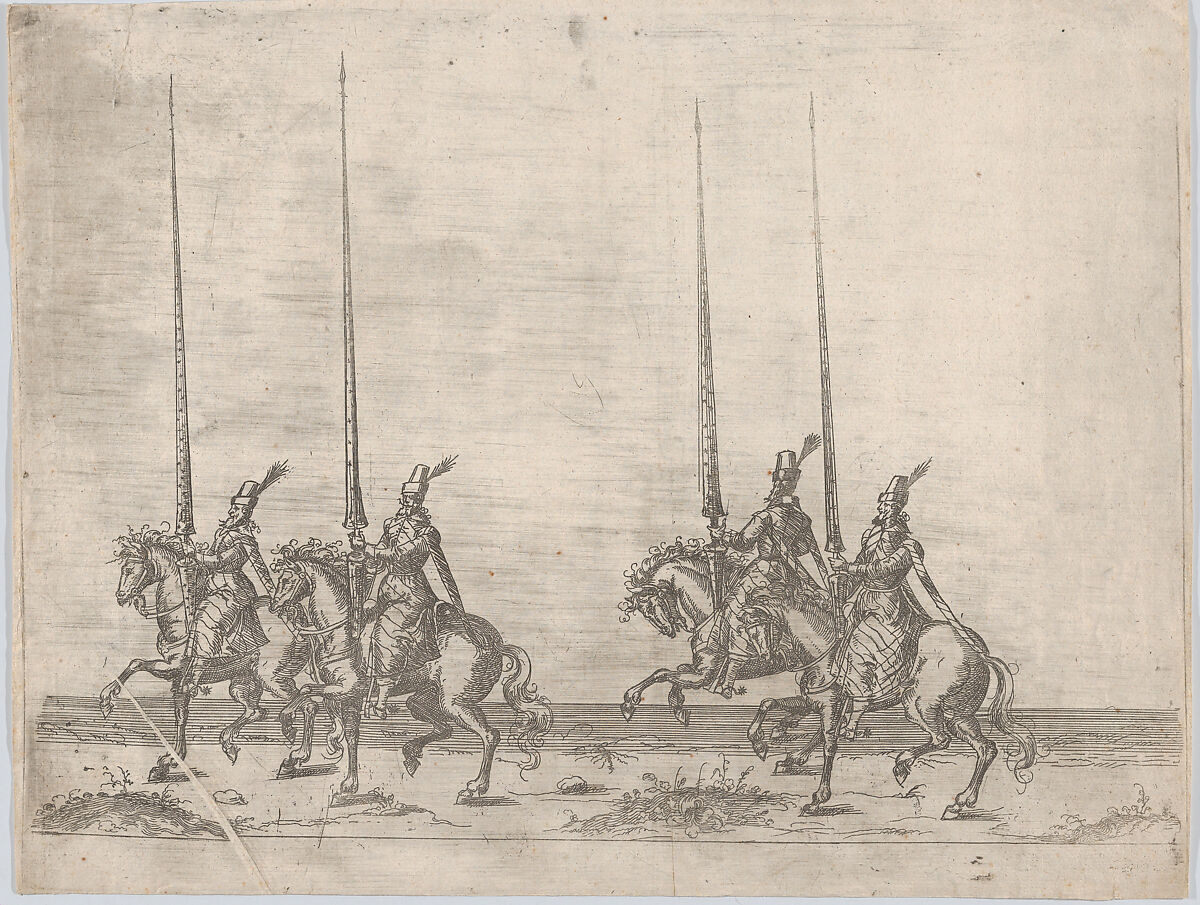 Procession, with four men riding horses, Anonymous, German, 16th century, Etching 