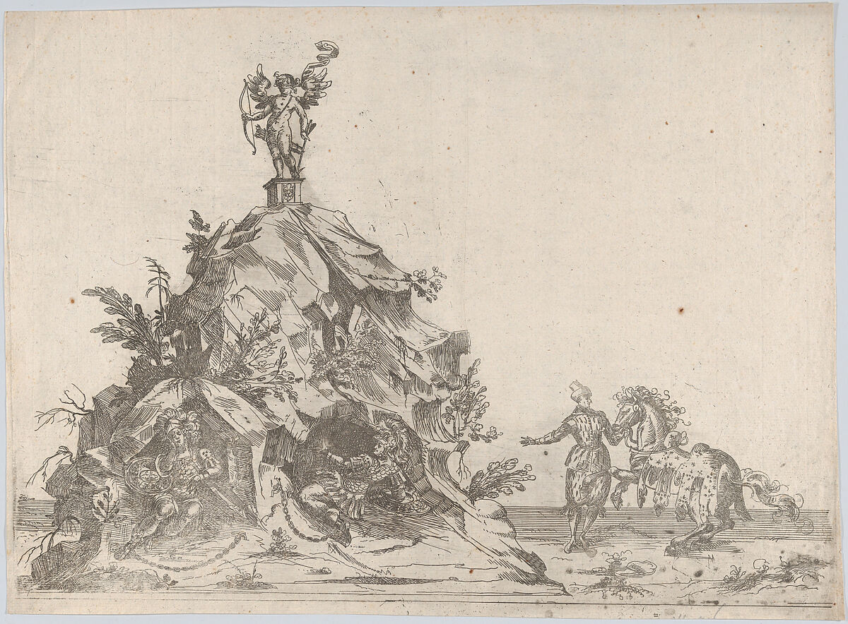 Rock formation with a blindfolded figure of cupid at top, two soldiers bound at the bottom, and a man with a horse to the right, Anonymous, German, 16th century, Etching 