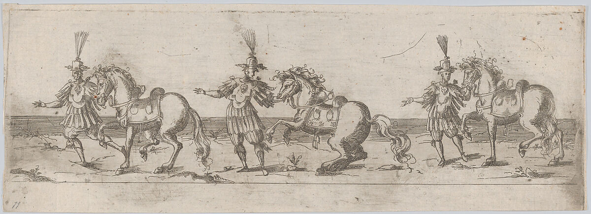 Procession, with three men leading three horses, Anonymous, German, 16th century, Etching 
