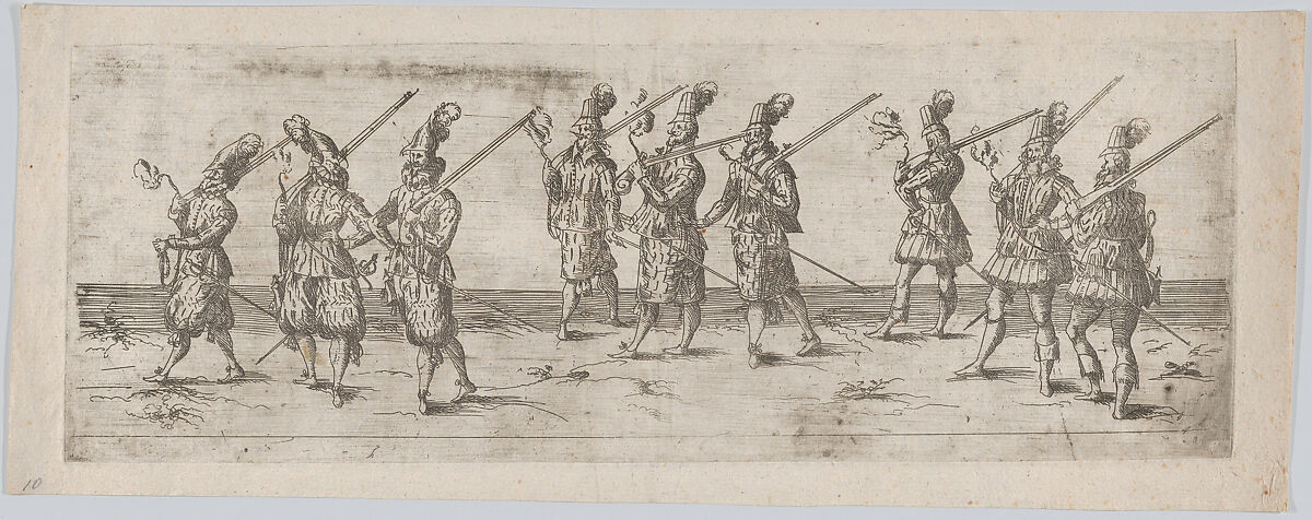 Procession, with three groups of three men, each holding a gun, Anonymous, German, 16th century, Etching 