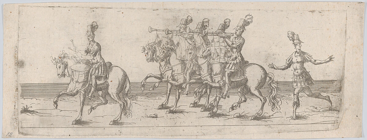 Procession, with one man playing a drum atop a horse at front, four men playing trumpets on horses at center, and one man following on foot behind, Anonymous, German, 16th century, Etching 