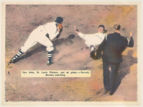 Van Atta, St. Louis Pitcher, out at plate..., from the Colored Photos Premiums series (R312) issued by the National Chicle Gum Company, Issued by the National Chicle Gum Company, Cambridge, Massachusetts, Photolithograph 