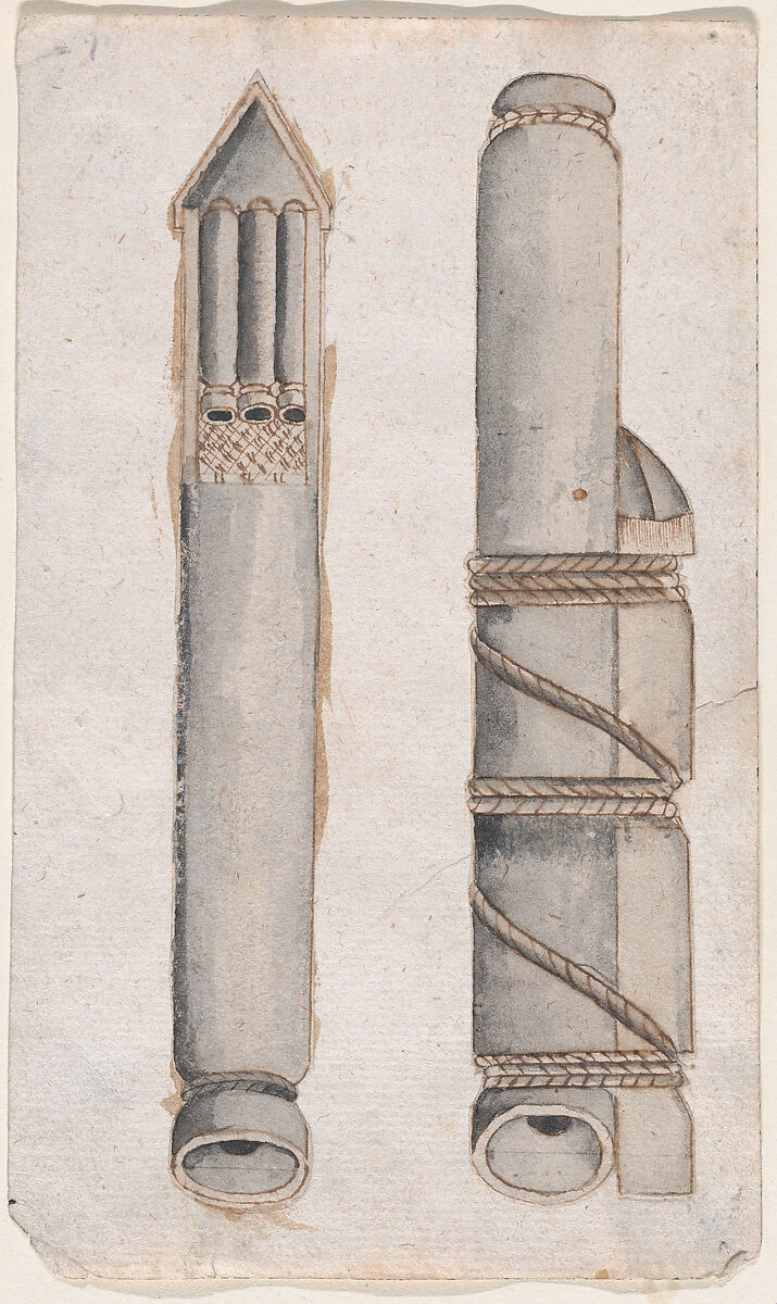 Design of fireworks: two views of a rocket, Anonymous, Italian, 17th century, Pen and brown ink, brush and gray wash, over leadpoint or graphite, ruling and some compass construction 