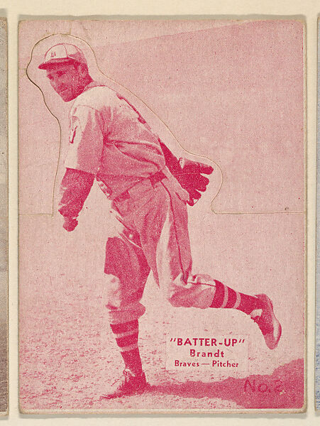 Card 2, Brandt, Braves, Pitcher (Red), from the Batter Up series (R318) issued by the National Chicle Gum Company, Issued by the National Chicle Gum Company, Cambridge, Massachusetts, Photolithograph 