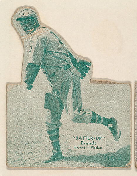 Card 2, Brandt, Braves, Pitcher (Green, Folded), from the Batter Up series (R318) issued by the National Chicle Gum Company, Issued by the National Chicle Gum Company, Cambridge, Massachusetts, Photolithograph 