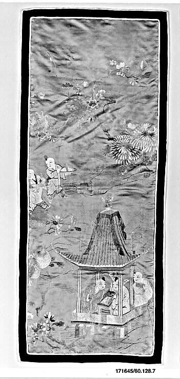 Vertical Panel with Scholars in Pavilion and Children Playing in Garden, Silk, metallic thread;  on silk;  silk border bound with silk;  lined with cotton, China 