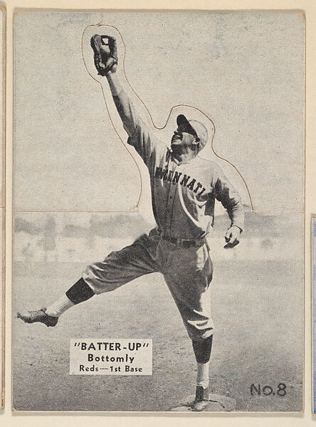 Card 8, Bottomly, Reds, 1st Base (Black), from the Batter Up series (R318) issued by the National Chicle Gum Company, Issued by the National Chicle Gum Company, Cambridge, Massachusetts, Photolithograph 