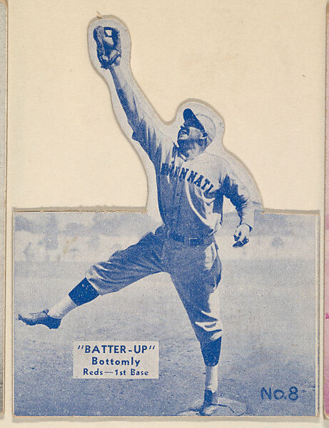 Card 8, Bottomly, Reds, 1st Base (Blue, Folded), from the Batter Up series (R318) issued by the National Chicle Gum Company, Issued by the National Chicle Gum Company, Cambridge, Massachusetts, Photolithograph 