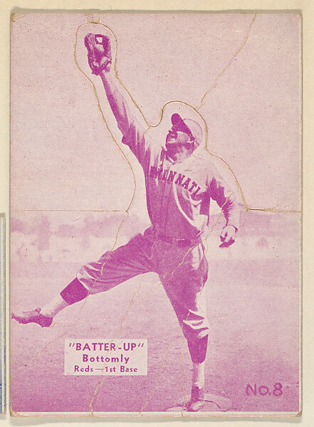 Card 8, Bottomly, Reds, 1st Base (Purple), from the Batter Up series (R318) issued by the National Chicle Gum Company, Issued by the National Chicle Gum Company, Cambridge, Massachusetts, Photolithograph 