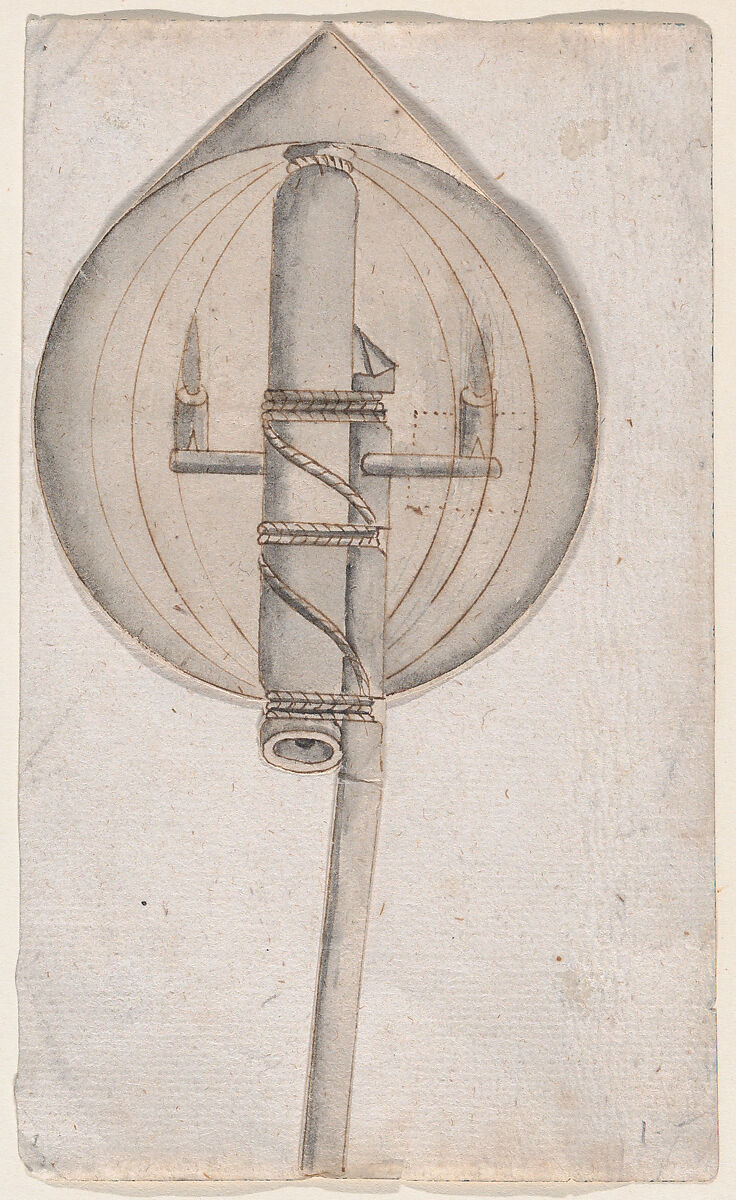 Design of fireworks: the rocket in its propelling capsule, Anonymous, Italian, 17th century, Pen and brown ink, brush and gray wash, over leadpoint or graphite, ruling and extensive compass construction 