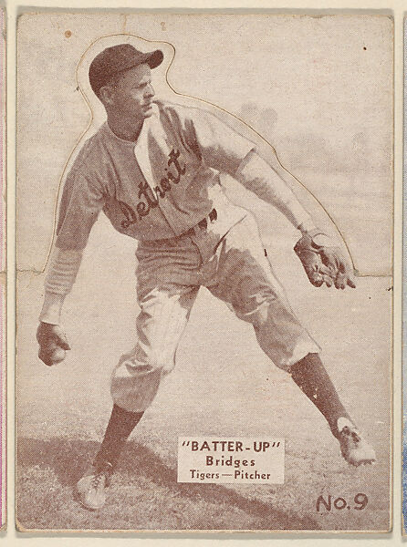 Card 9, Bridges, Tigers, Pitcher (Brown), from the Batter Up series (R318) issued by the National Chicle Gum Company, Issued by the National Chicle Gum Company, Cambridge, Massachusetts, Photolithograph 