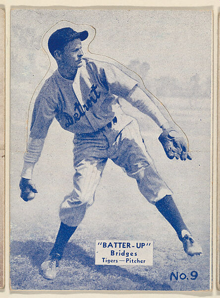 Card 9, Bridges, Tigers, Pitcher (Blue), from the Batter Up series (R318) issued by the National Chicle Gum Company, Issued by the National Chicle Gum Company, Cambridge, Massachusetts, Photolithograph 