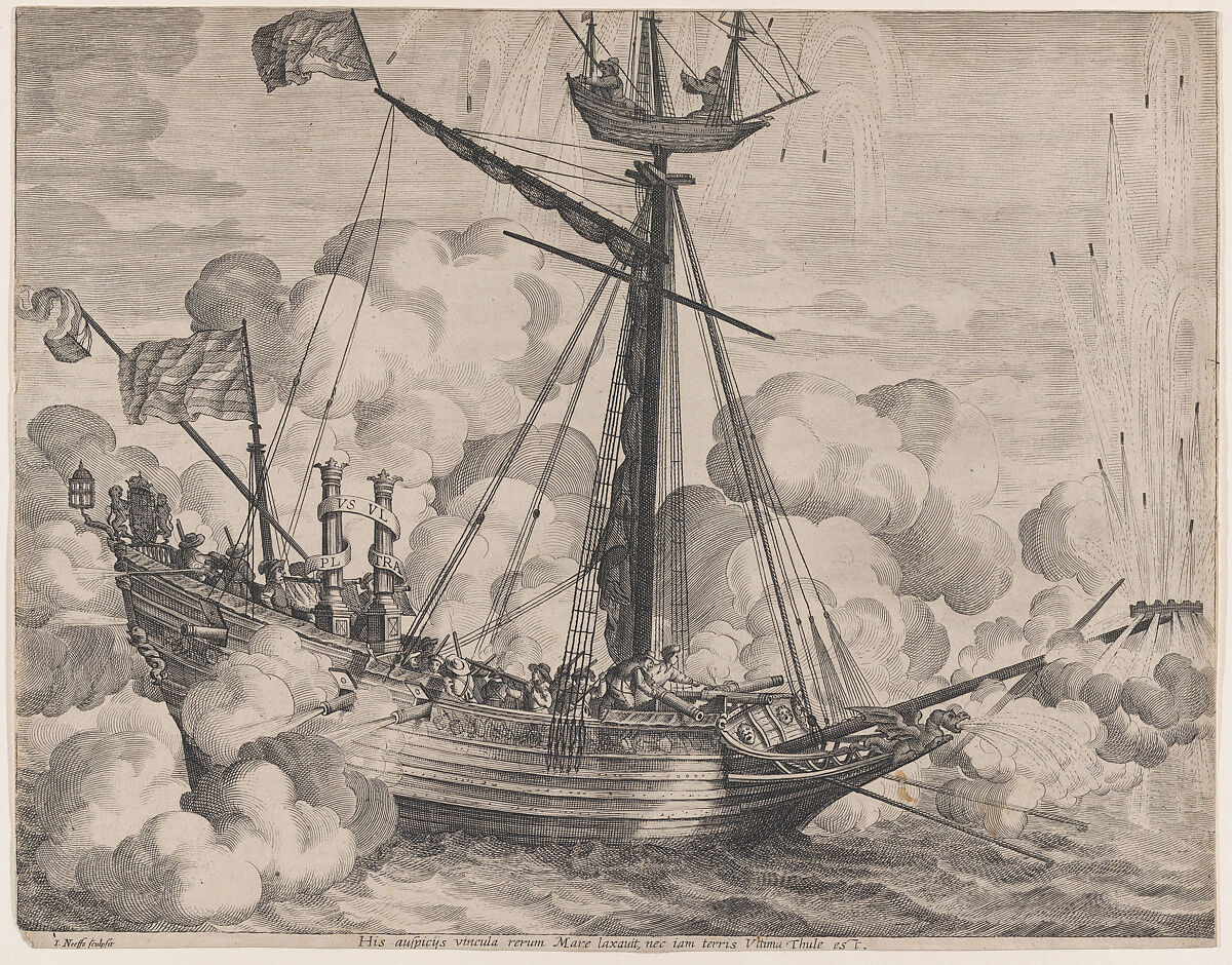 Plate 37: Triumphal ship with fireworks display to the right; from Guillielmus Becanus's 'Serenissimi Principis Ferdinandi, Hispaniarum Infantis...', Jacob Neeffs (Flemish, Antwerp 1610–after 1660 Antwerp), Engraving 