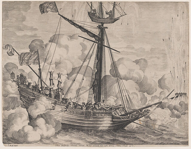 Plate 37: Triumphal ship with fireworks display to the right; from Guillielmus Becanus's 'Serenissimi Principis Ferdinandi, Hispaniarum Infantis...'