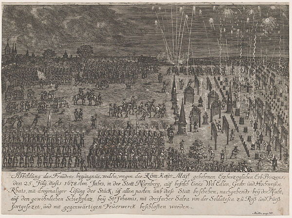 Fireworks display in Nuremburg celebrating the birth of the Archduke, heir to the Roman Empire, July 25, 1678, Anonymous, German, Etching 