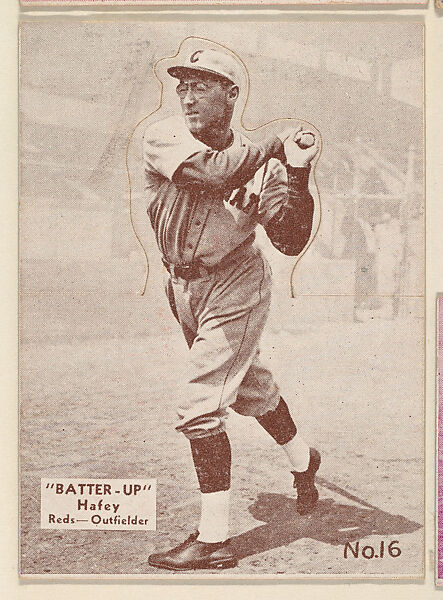 Card 16, Hafey, Reds, Outfielder (Brown), from the Batter Up series (R318) issued by the National Chicle Gum Company, Issued by the National Chicle Gum Company, Cambridge, Massachusetts, Photolithograph 